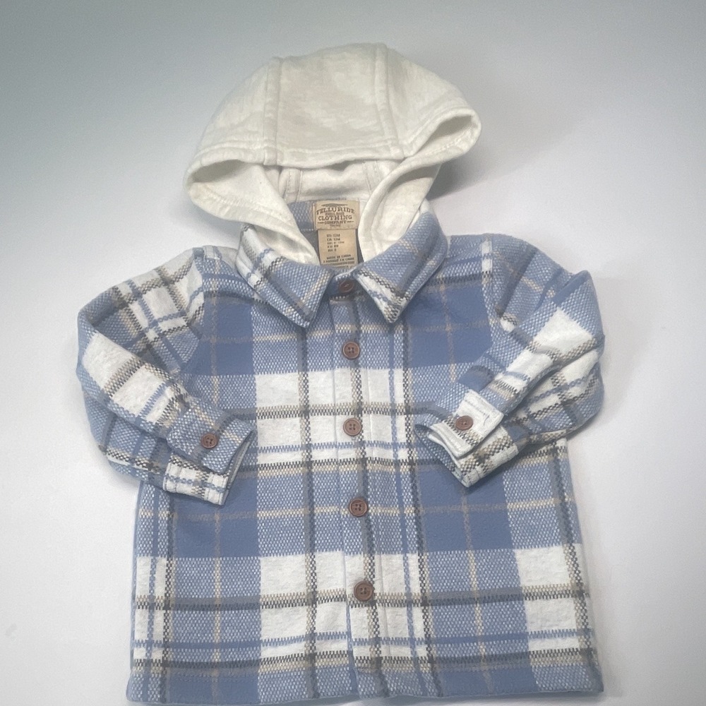 Telluride Clothing Company Blue/White Plaid Hooded Fleece Shirt Jacket 9-12M - Picture 3 of 4
